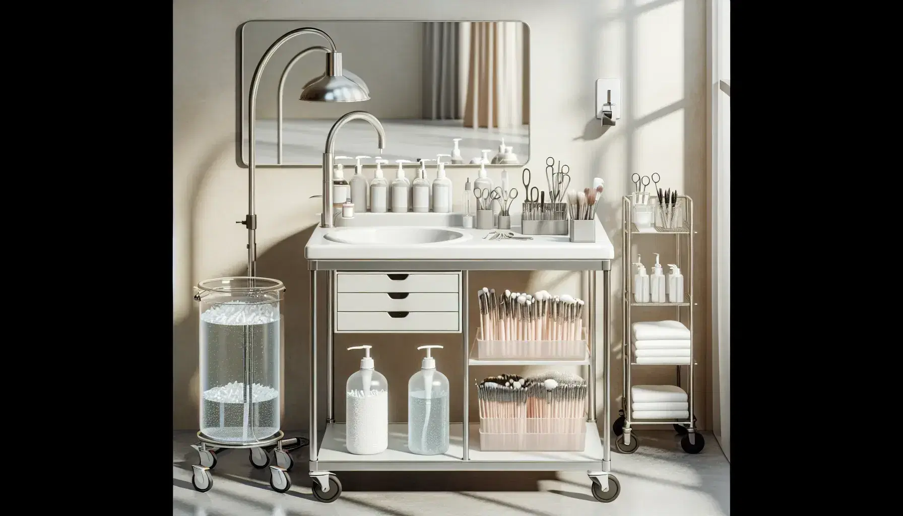 Salón de belleza con mesa de trabajo y utensilios de estética sobre bandeja de acero, dispensador de gel y contenedor de algodón, profesional lavándose las manos y carrito con toallas y botellas.