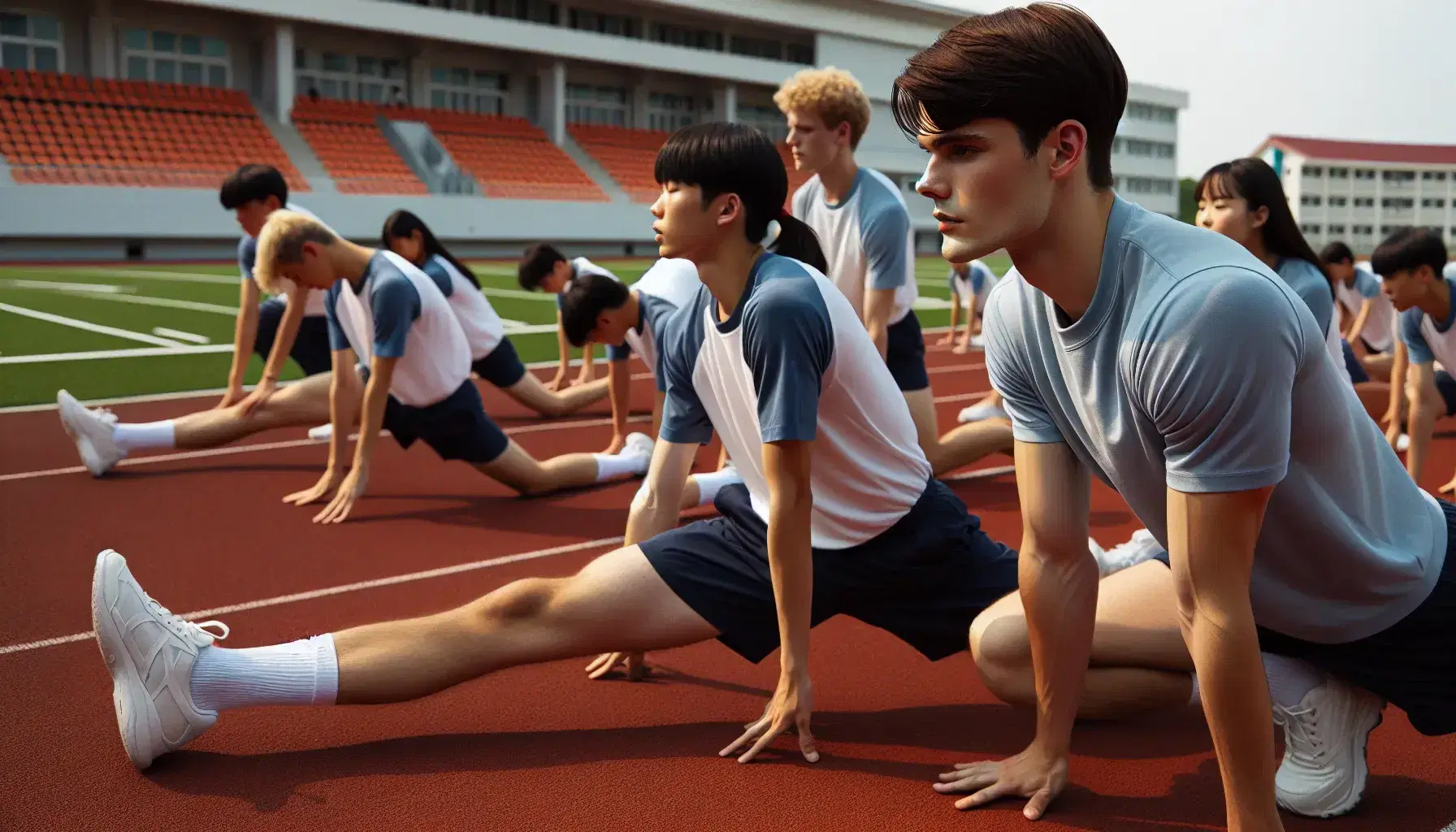 Estudiantes en uniforme realizando estiramientos en pista de atletismo al aire libre, con cielo azul y nubes dispersas de fondo.