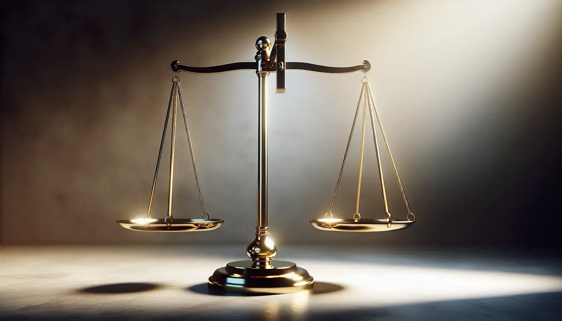 Balanza de justicia dorada en primer plano con platos pulidos y soporte vertical, iluminada lateralmente y con fondo desenfocado que resalta su simetría y equilibrio.