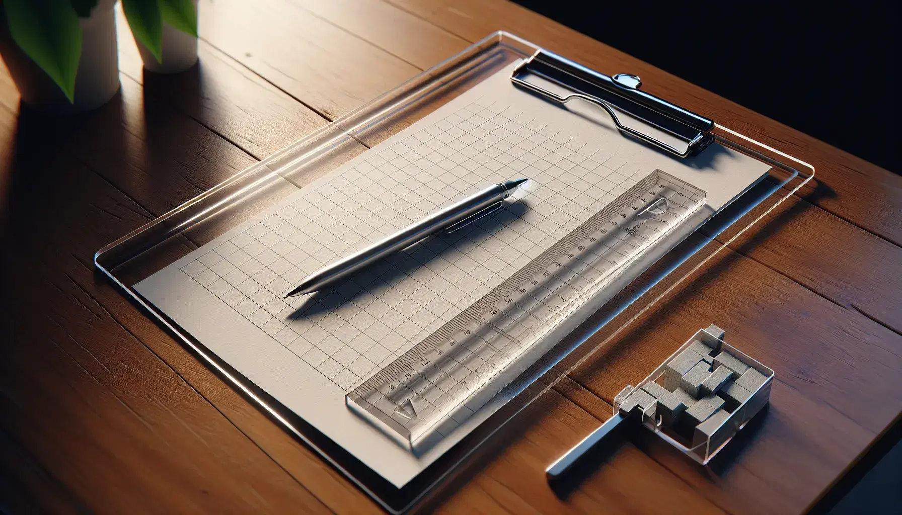 Acrylic clipboard with graph paper and drawn line, ruler, mechanical pencil, lead refills, and potted plant on a wooden desk.