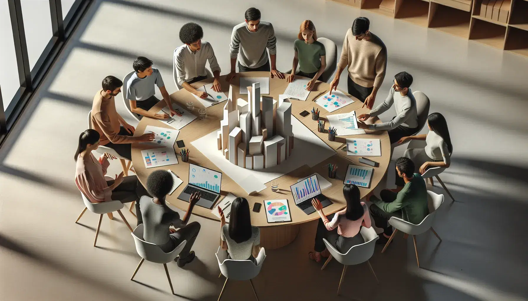 Grupo diverso de ocho personas colaborando en una reunión de trabajo alrededor de una mesa redonda con papeles, laptops y un modelo arquitectónico.