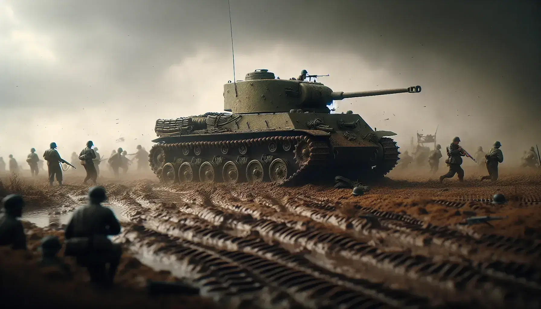 Carro armato della seconda guerra mondiale fermo su terreno fangoso con soldati in movimento sotto cielo nuvoloso.