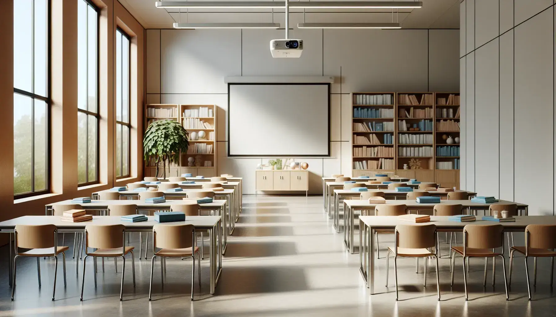 Aula espaciosa y luminosa con mesas de madera, sillas a juego, pizarra blanca grande y proyector apagado, estantería con libros y planta verde.