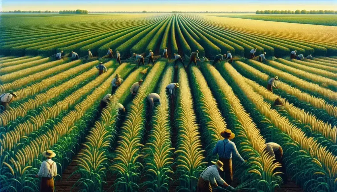 Campo agricolo rigoglioso con file di cereali dorati, contadini al lavoro, cielo azzurro e ruscello scintillante.