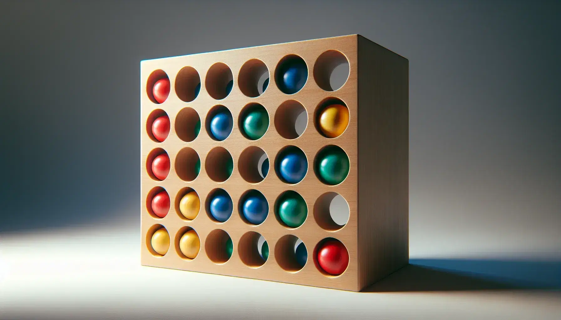 Colorful balls in wooden pigeonhole shelf, with red, blue, green, yellow, and orange spheres neatly arranged against a light background.