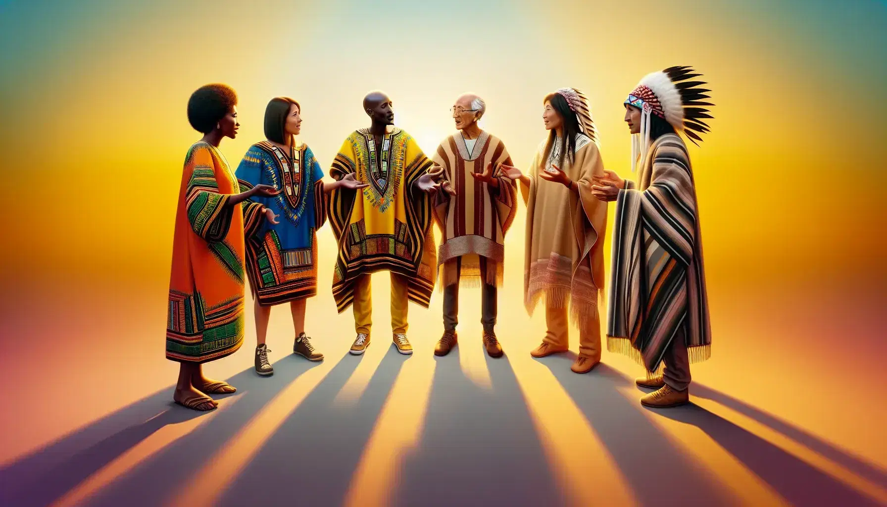 Six people in traditional clothing talk in a circle, from an African dashiki to an Indian sari, on a yellow-blue background.