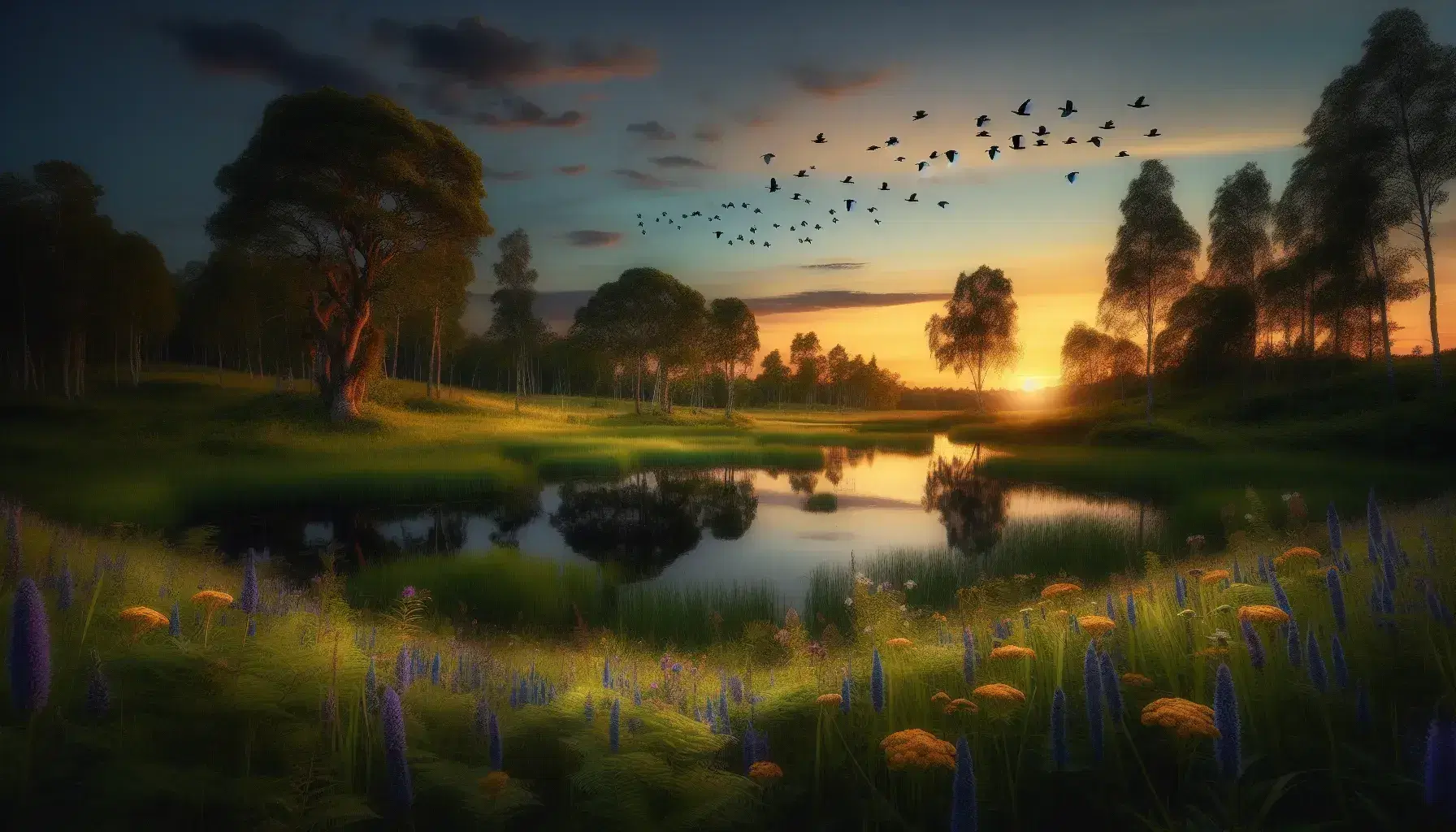Serene twilight landscape with a meadow of wildflowers, reflective lake, dense forest, gradient sky from orange to blue, and a solitary tree.