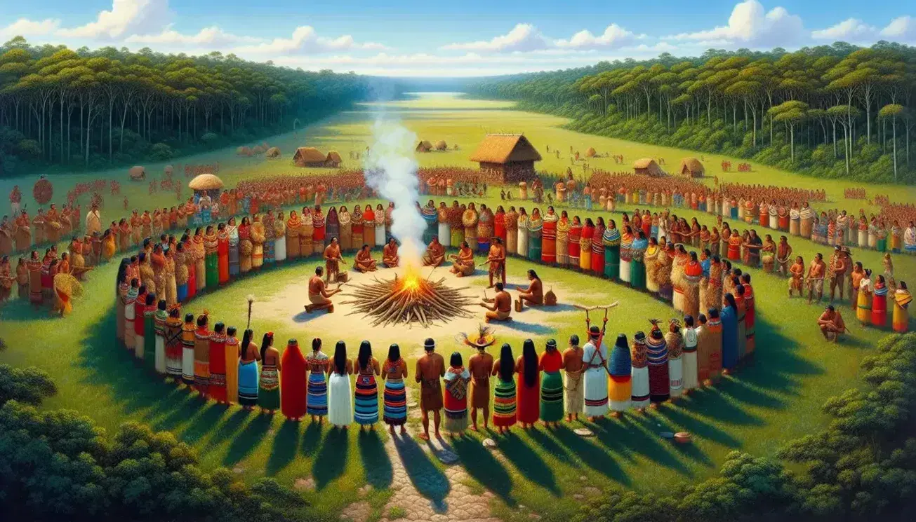Indigenous Latin American people in traditional attire perform a ceremony with a central fire, musical instruments, and baskets of produce.