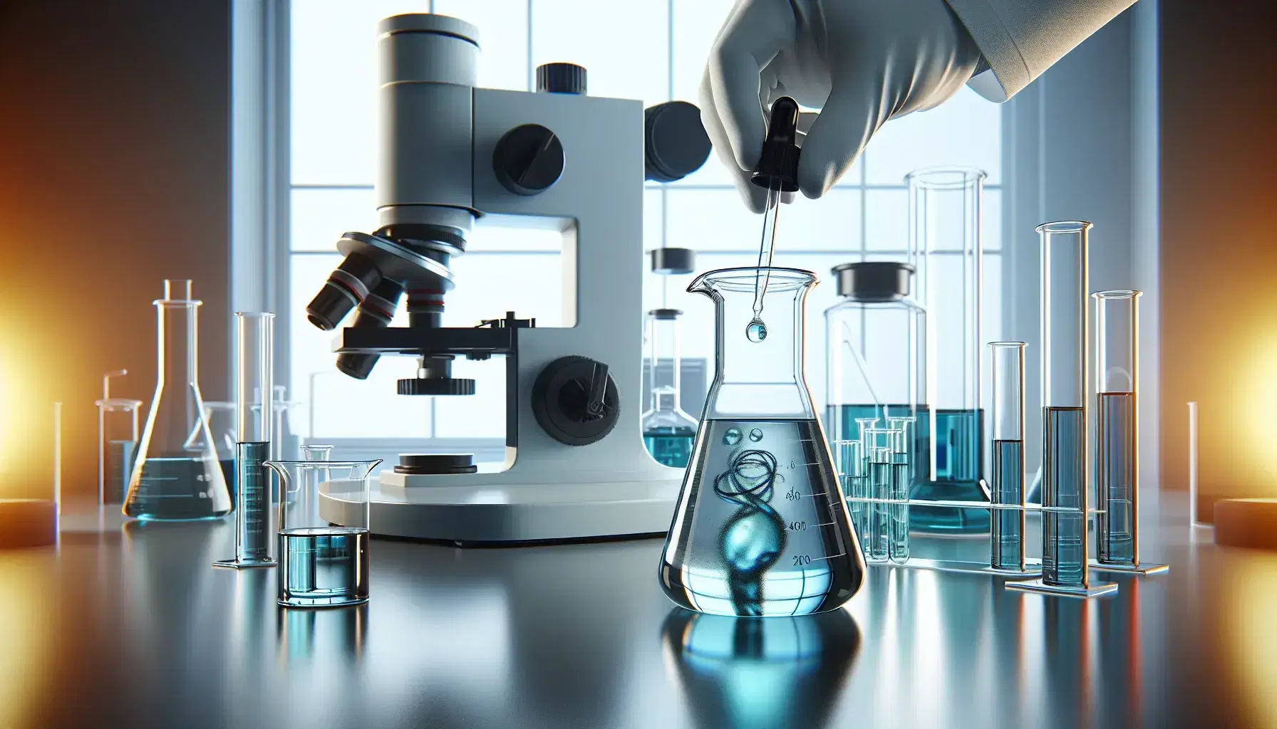 Modern laboratory with a beaker of blue liquid, a gloved hand holding a dropper, a microscope, and assorted glassware with colorful liquids on a white bench.