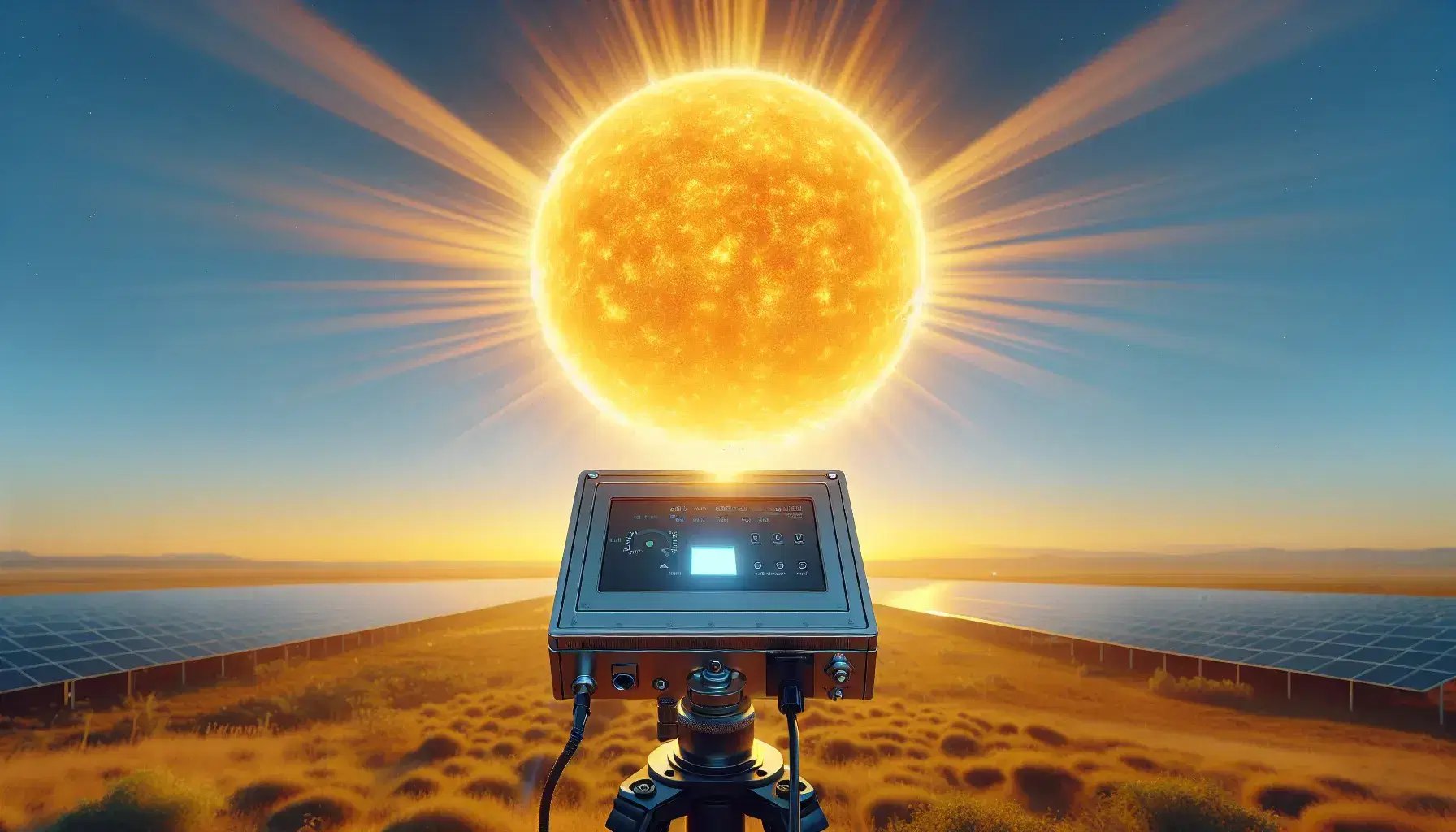 Cielo despejado con sol brillante y dispositivo de medición solar montado en trípode en paisaje natural.