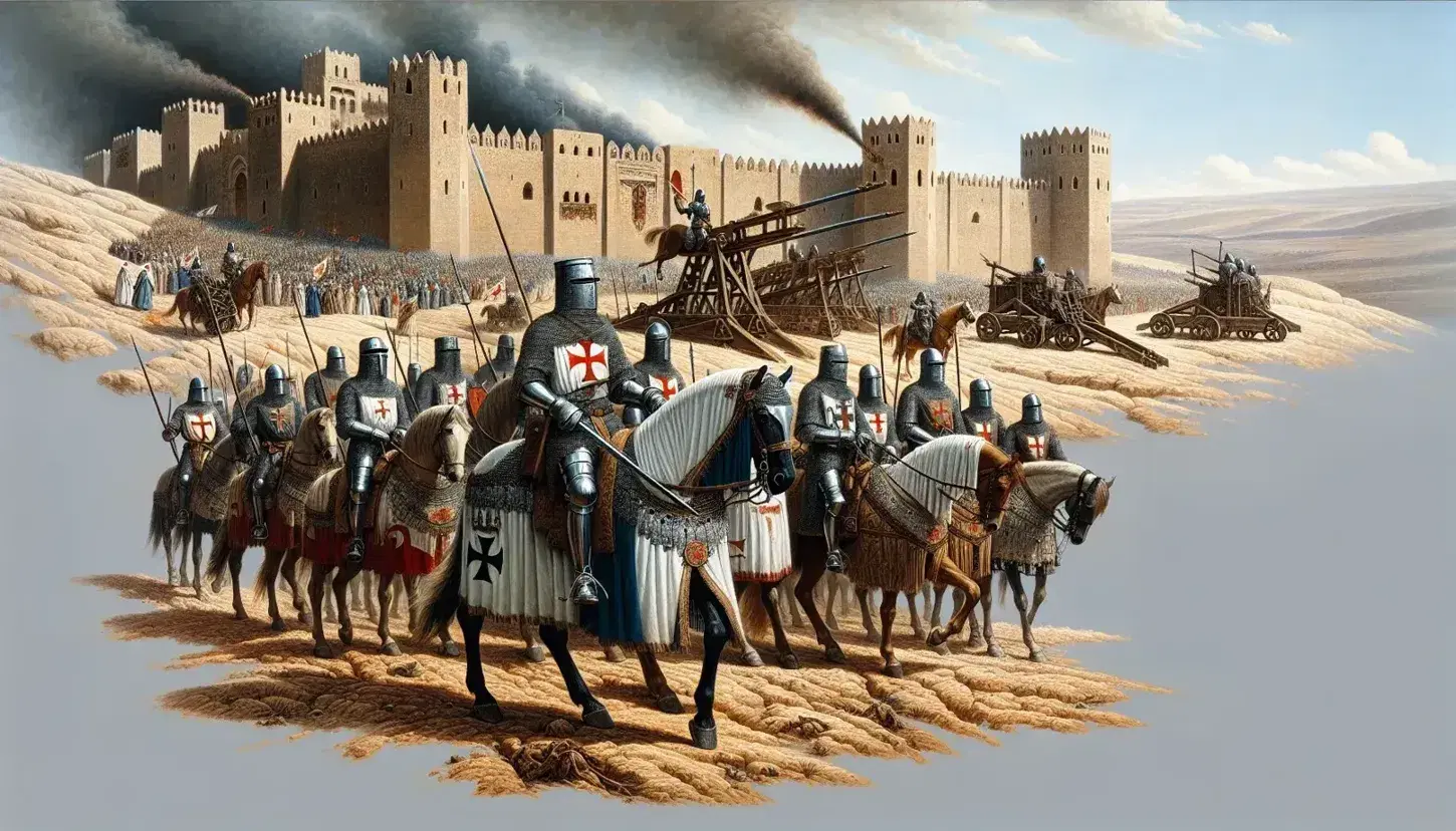 Crusaders on horseback in chainmail with red cross emblems prepare for battle outside the smoke-filled walled city of Damascus under a clear sky.