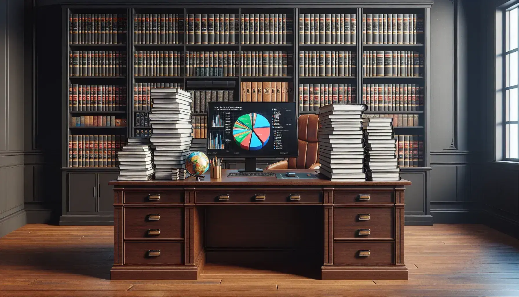 Tidy office with dark wooden desk, computer with colorful graphs, bookshelf with uniform books and globe, natural light from window with white shutters.