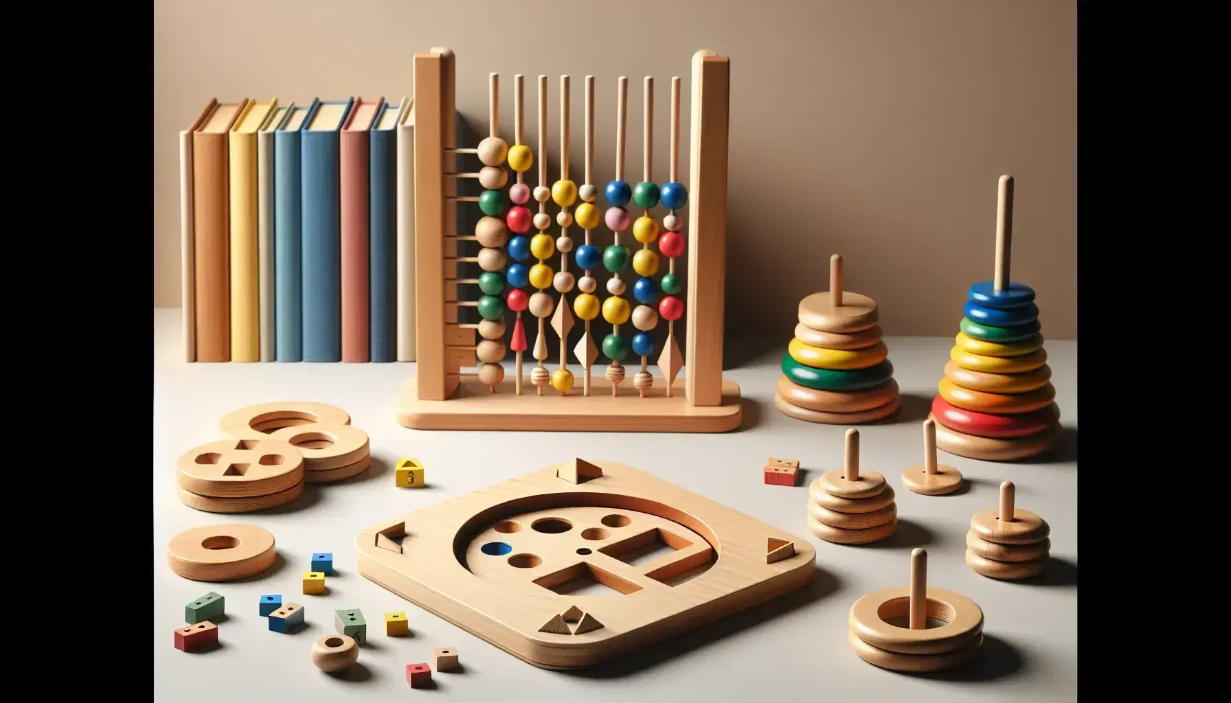 Juguetes educativos de madera sobre superficie lisa con puzzle geométrico, torre de anillos y ábaco colorido, fondo de estantería con libros.