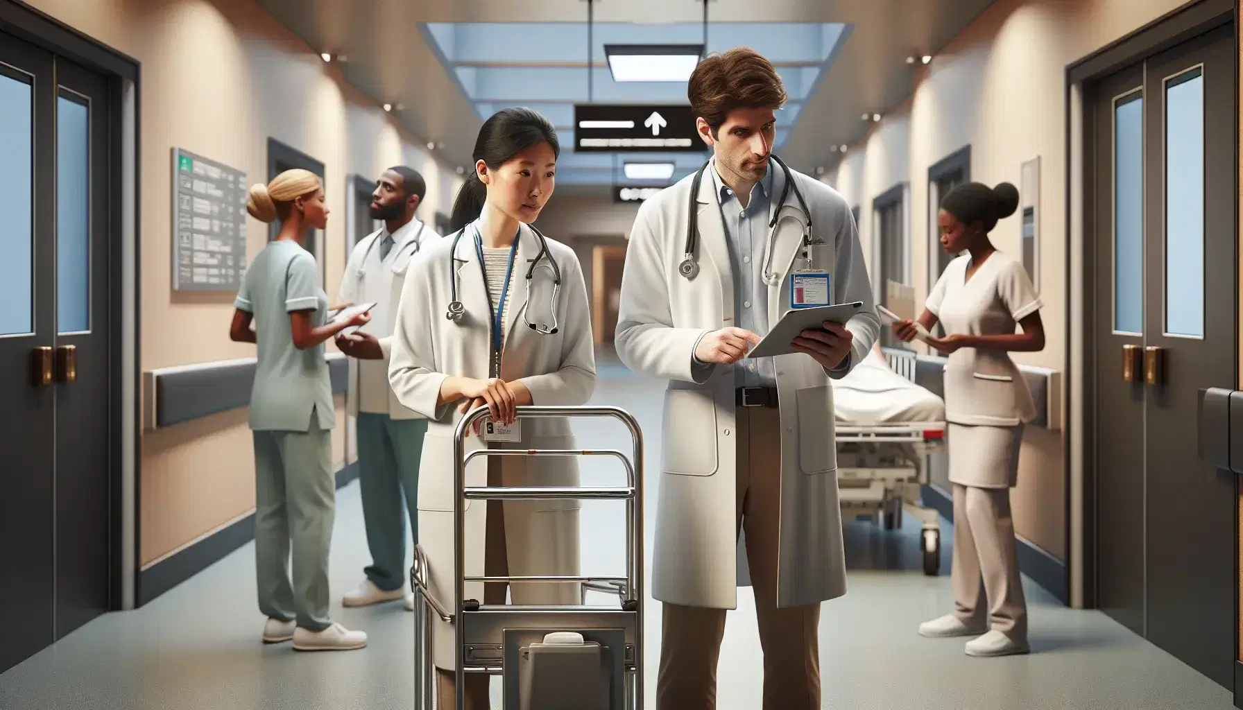 Grupo de profesionales de la salud trabajando en un hospital, con médicos consultando y enfermeras trasladando un paciente en camilla.
