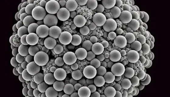 Microscopía electrónica de transmisión mostrando estructuras esféricas y elongadas en matriz granular, distribución aleatoria, en escala de grises.