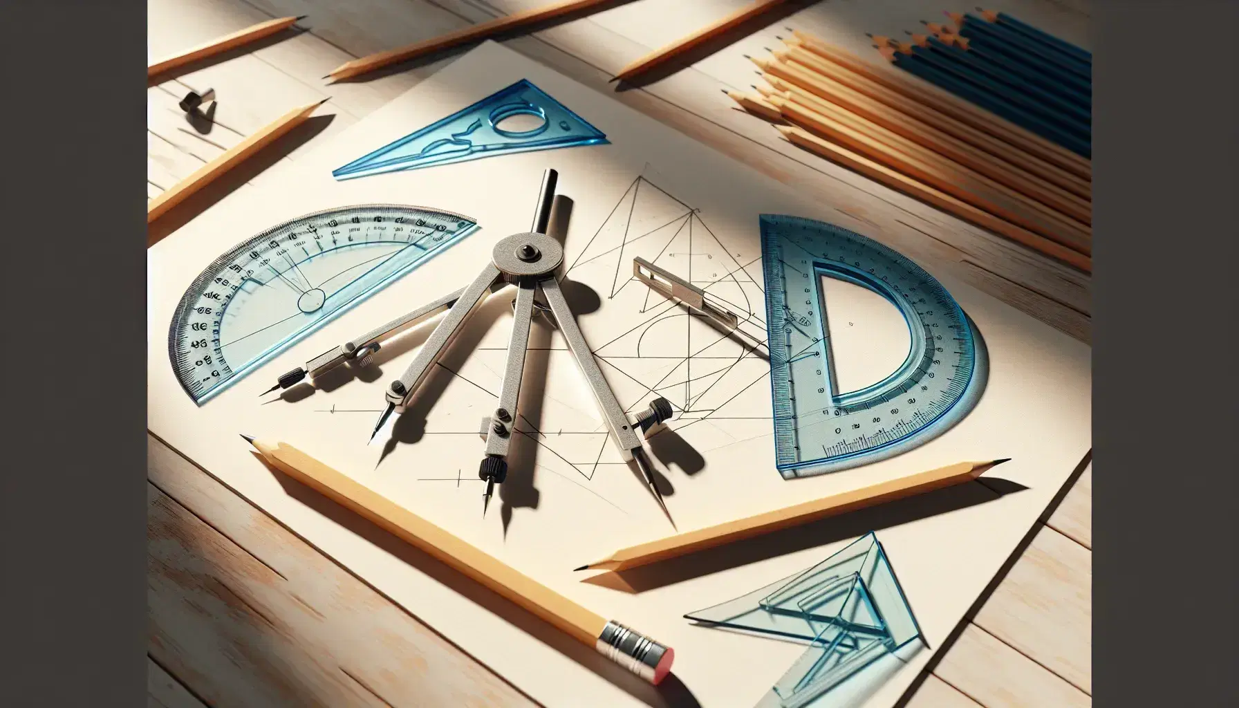 Set di strumenti geometrici su tavolo in legno chiaro con compasso, squadra, righello e proiettore, accanto a matite e foglio con disegni.