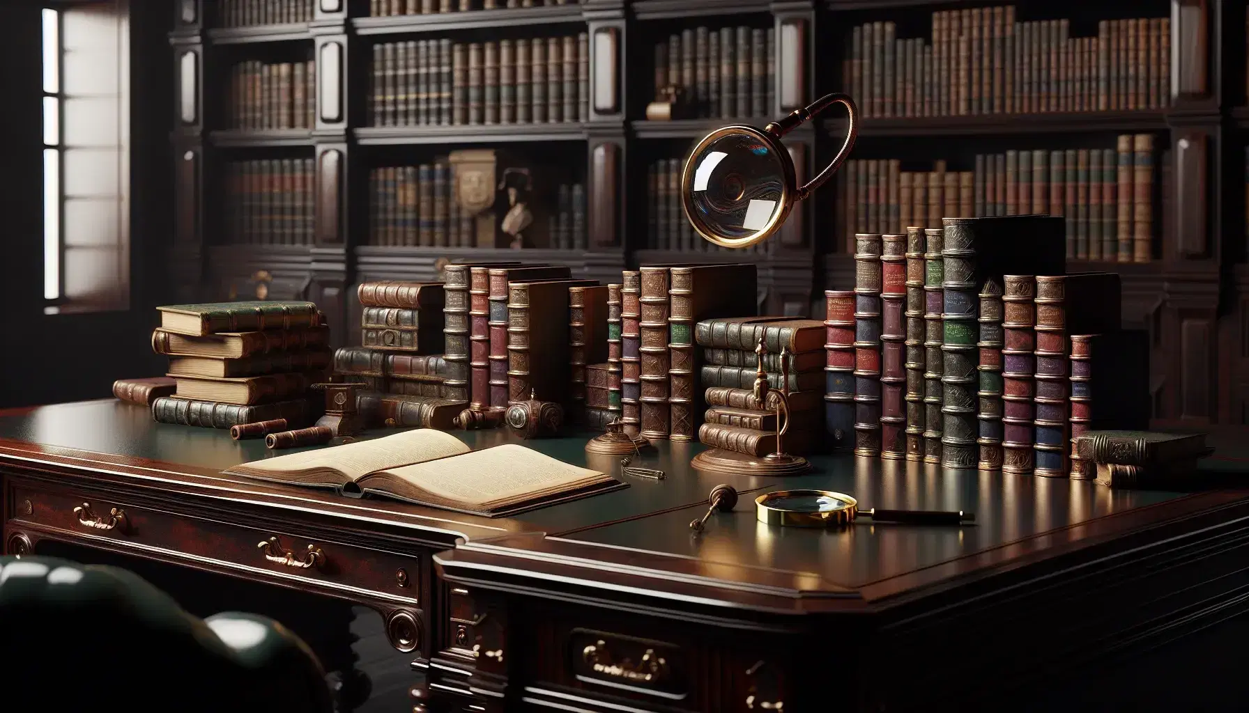 Scena di antica biblioteca con scrivania in legno scuro, libri impilati, lente d'ingrandimento e lampada, scaffali pieni di libri sullo sfondo.