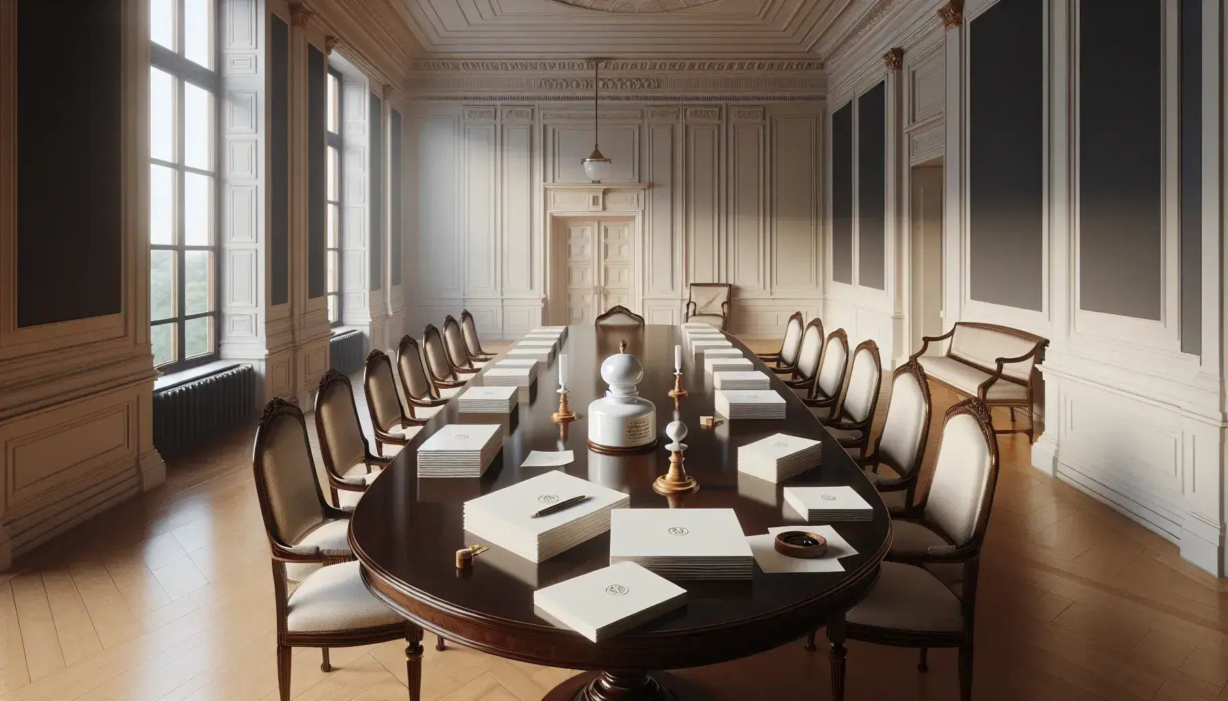 Sala amplia con paredes claras y suelo de madera, mesa ovalada oscura rodeada de sillas clásicas y tintero con sello de cera al lado, iluminada por ventana grande.