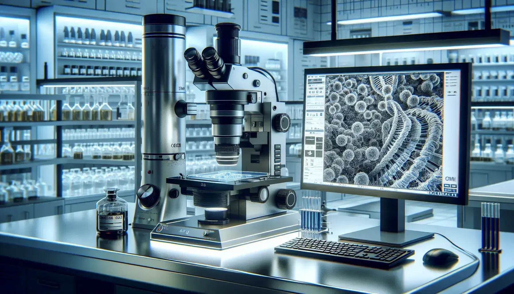 Microscopio elettronico a trasmissione avanzato in laboratorio di ricerca biologica con campione biologico e schermo che mostra DNA compattato.