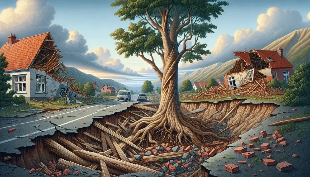 Paisaje post-desastre natural con árbol partido, carretera dañada y casas con techos rojos derrumbados, tras fondo montañoso con deslizamientos.