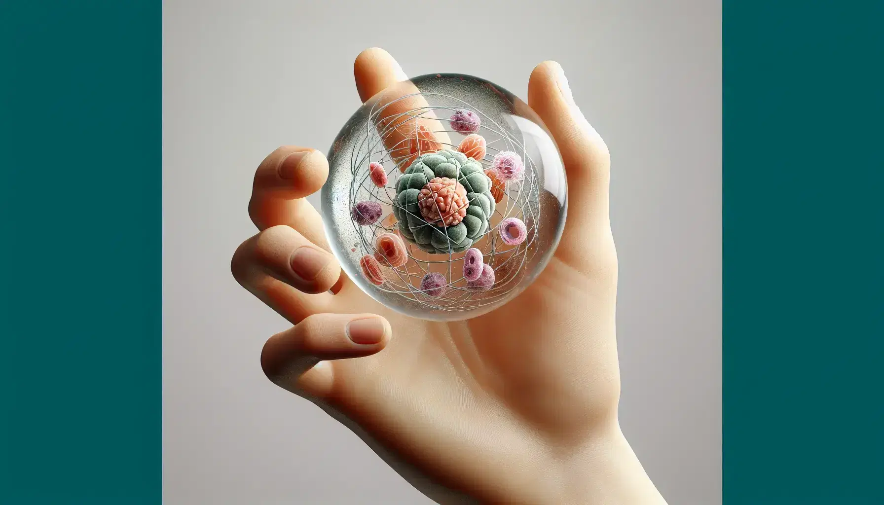 Mano sosteniendo modelo tridimensional transparente de célula con núcleo oscuro y orgánulos variados, sobre fondo neutro.