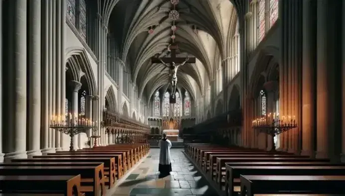 Interior gótico de catedral con bancos de madera, altar y crucifijo, luz natural de vitrales coloridos y persona en oración con túnica blanca y estola púrpura.