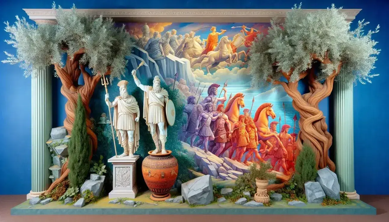 Statua marmorea di Zeus con fulmine, vaso con Athena, bassorilievo battaglia eroica e anfora decorata, tra ulivi in un contesto di rovine greche.