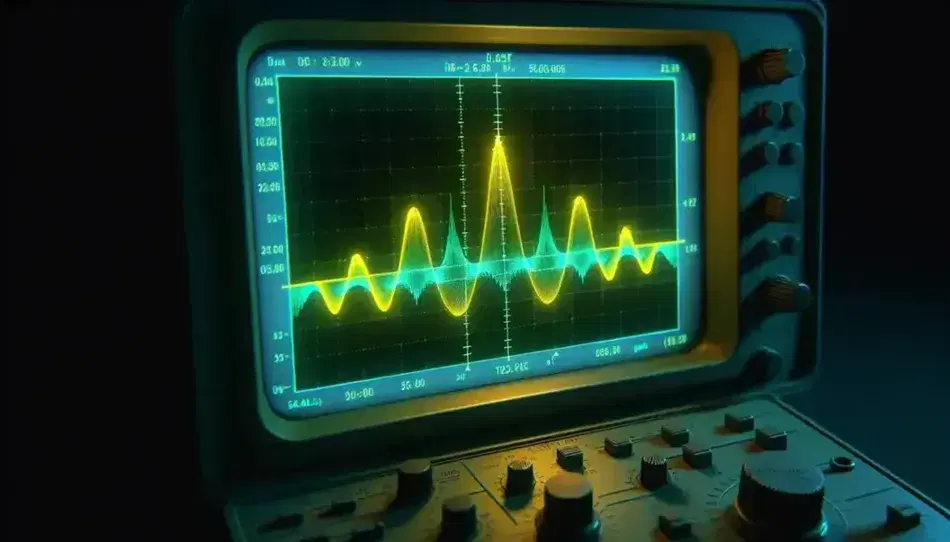 Oscilloscope screen with two waves: a uniform yellow sine wave and a complex blue one indicating changes in gain or phase.