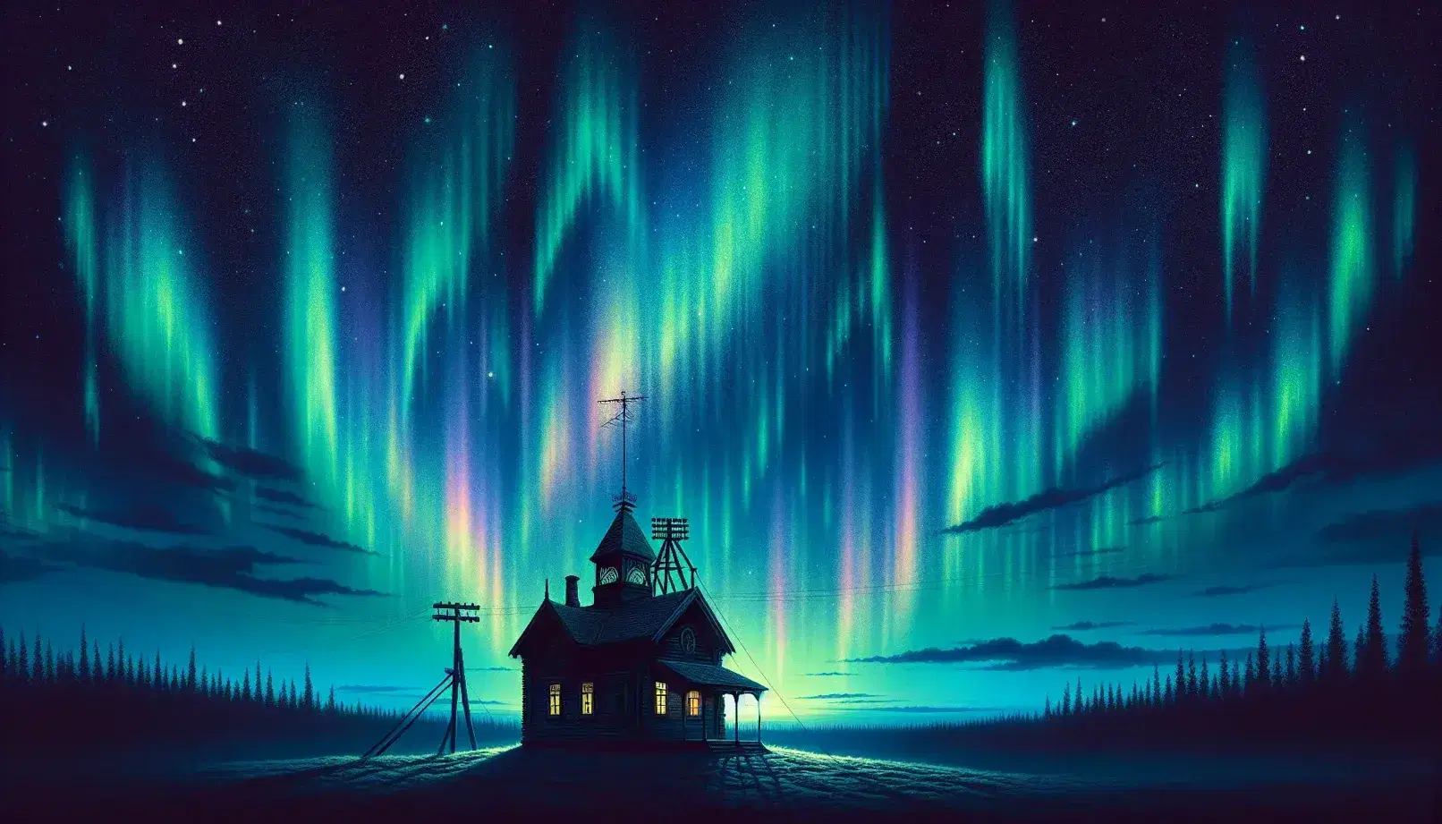 Vibrant Northern Lights stretch across the night sky above a silhouette of a 19th century telegraph office and blurred trees.