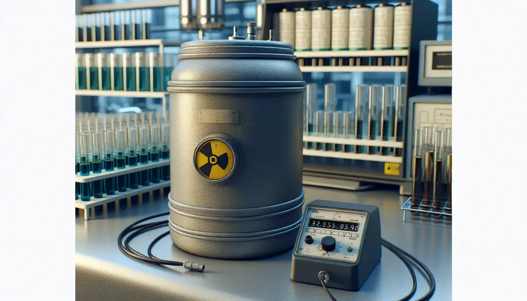 Laboratory with leaded container for radioactive materials, Geiger counter, colored test tubes in rack and safety gloves with glasses.