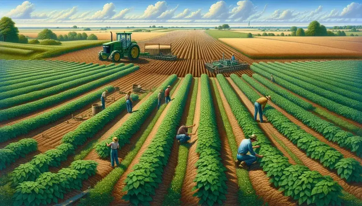 Campo agricolo con persone che controllano le coltivazioni, trattore in lontananza e stagno, cielo sereno.