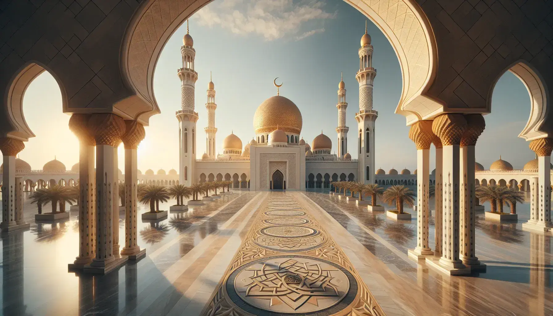 Mezquita de arquitectura islámica con cúpula dorada, minaretes con lunas crecientes, patio de mármol y palmeras bajo un cielo azul despejado.