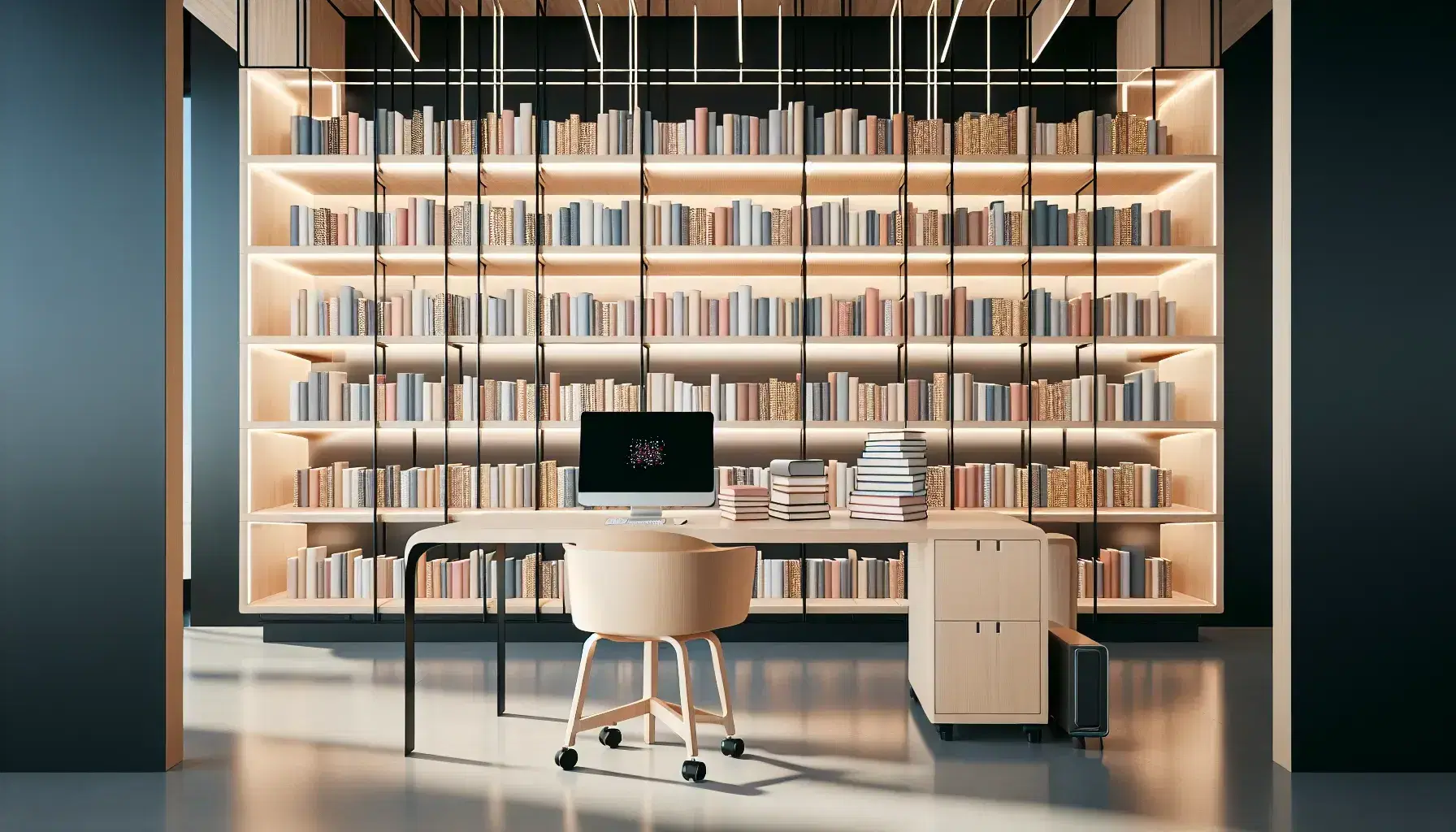 Biblioteca moderna con estantes de madera llenos de libros, mesa con laptop apagada y silla ergonómica, iluminada por luz natural y LED.