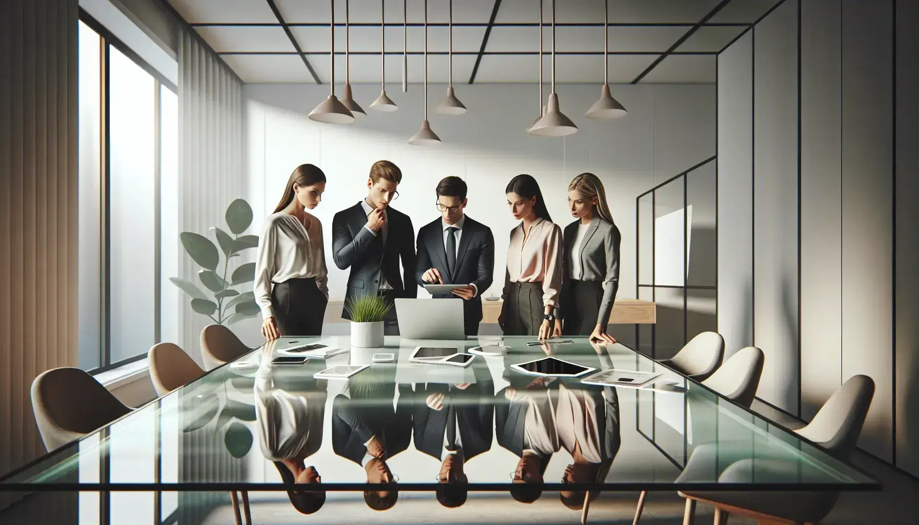 Grupo de cinco profesionales en reunión de trabajo en oficina moderna con mesa de vidrio, dispositivos electrónicos y planta verde, iluminada natural y artificialmente.