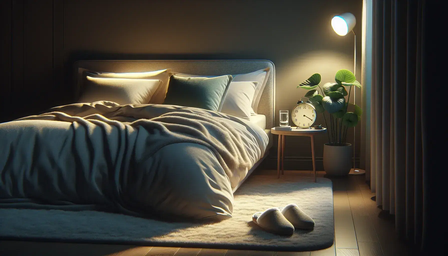 Nocturnal bedroom with central bed equipped with white duvet, blue pillows, clock, glass of water and plant on the bedside table, slippers on the beige carpet.