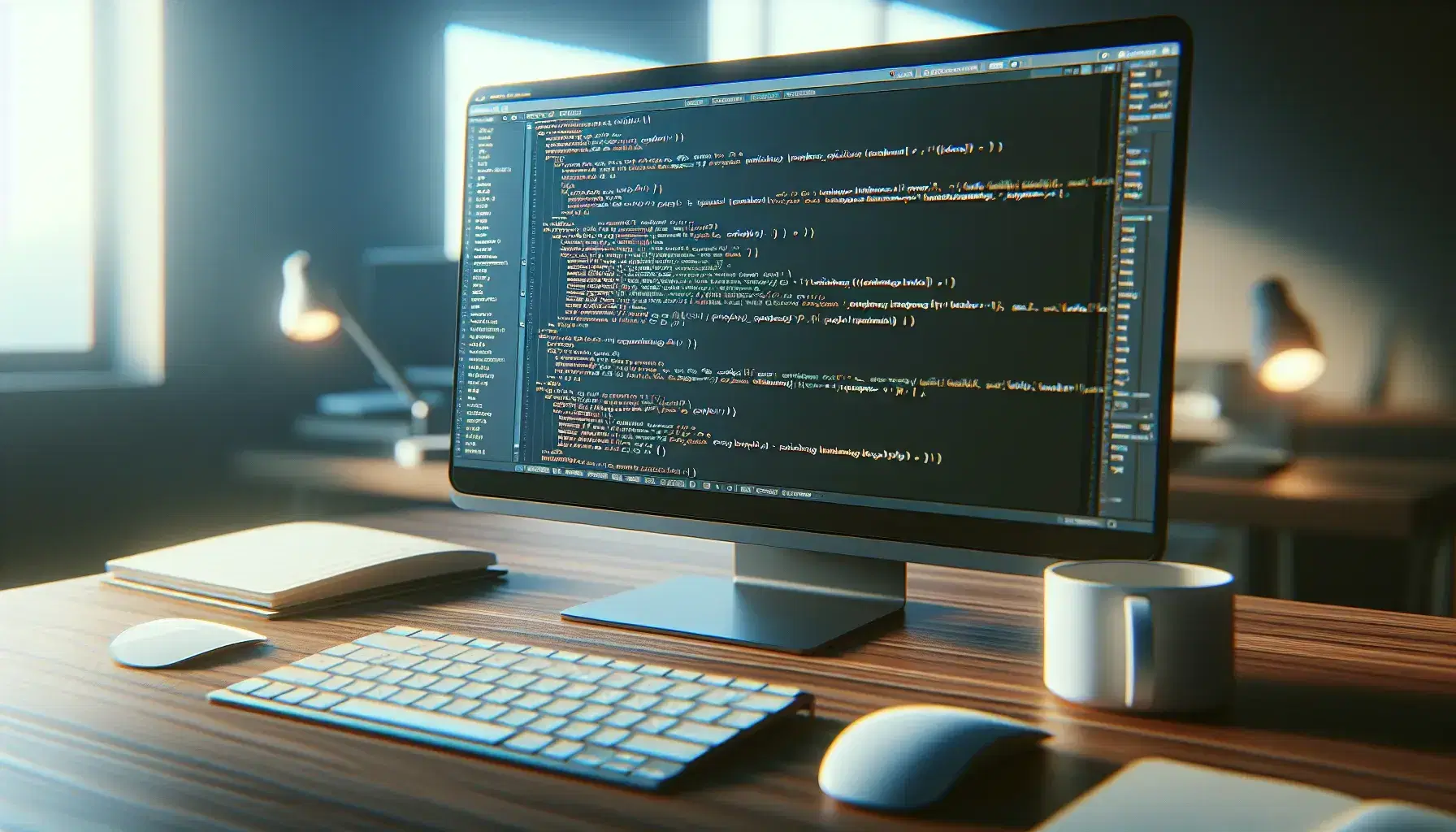 Close-up of a monitor with blurry Python code, keyboard with no visible letters, mouse and white cup on office desk with soft lighting.