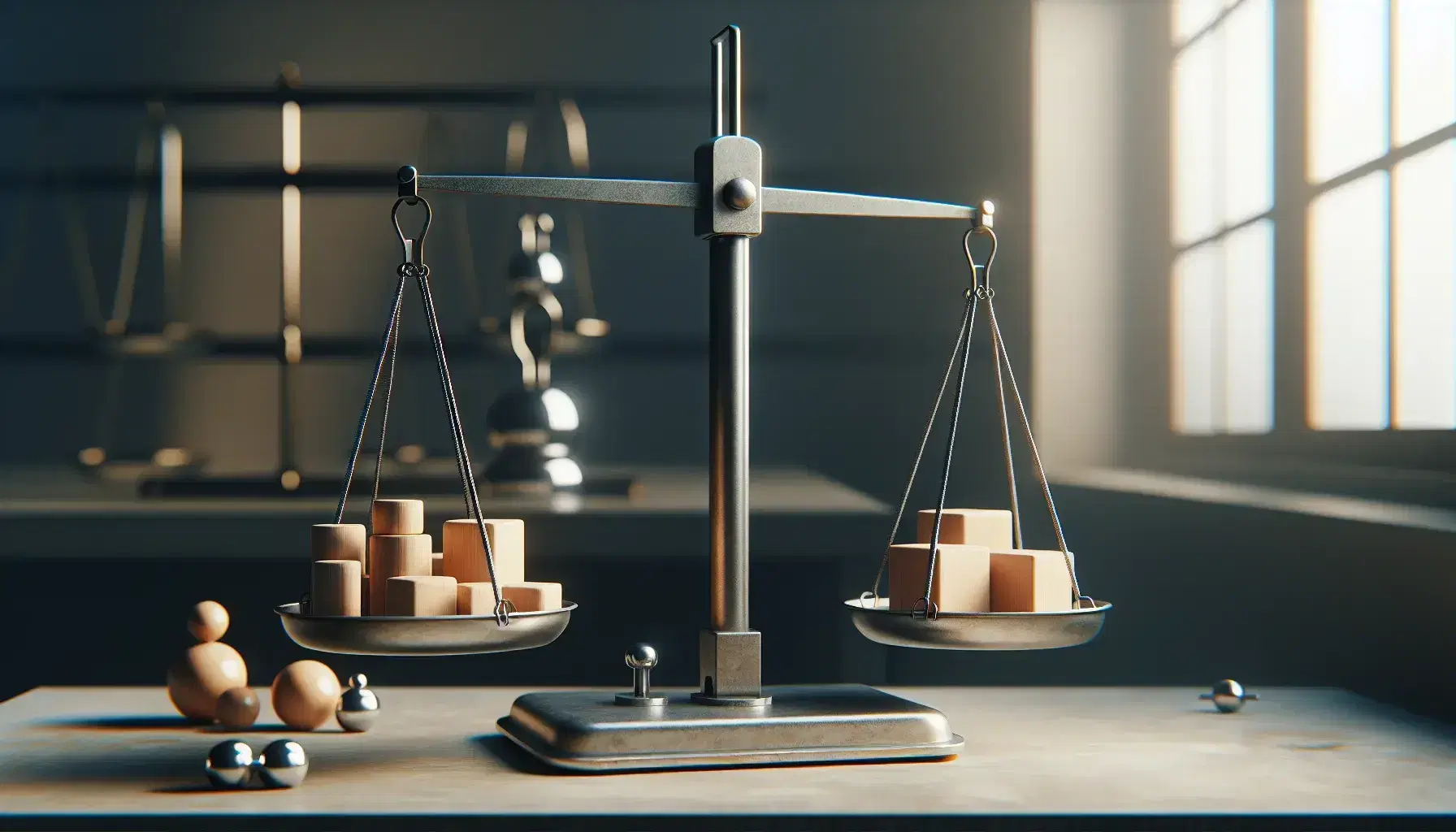 Balanza de brazos iguales en laboratorio con figuras geométricas de madera en un platillo y pesas calibradas de metal en el otro, equilibradas y sin inscripciones.