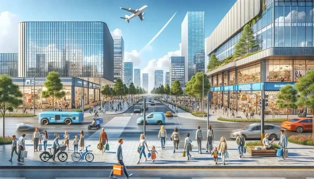 Escena urbana con personas caminando, tiendas, vehículos en la calle, un edificio alto y un parque, bajo un cielo azul con avión a lo lejos.