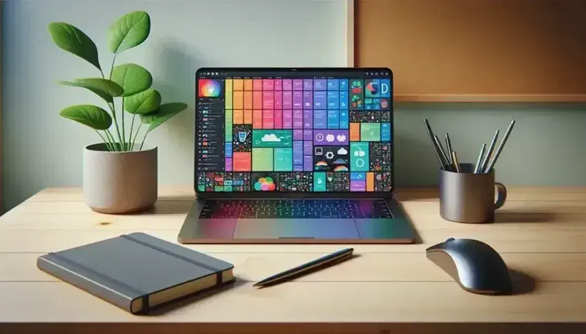 Scrivania in legno chiaro con laptop aperto, mouse wireless, smartphone acceso, monitor spento, pianta verde, taccuino blu con penna e cuffie nere.