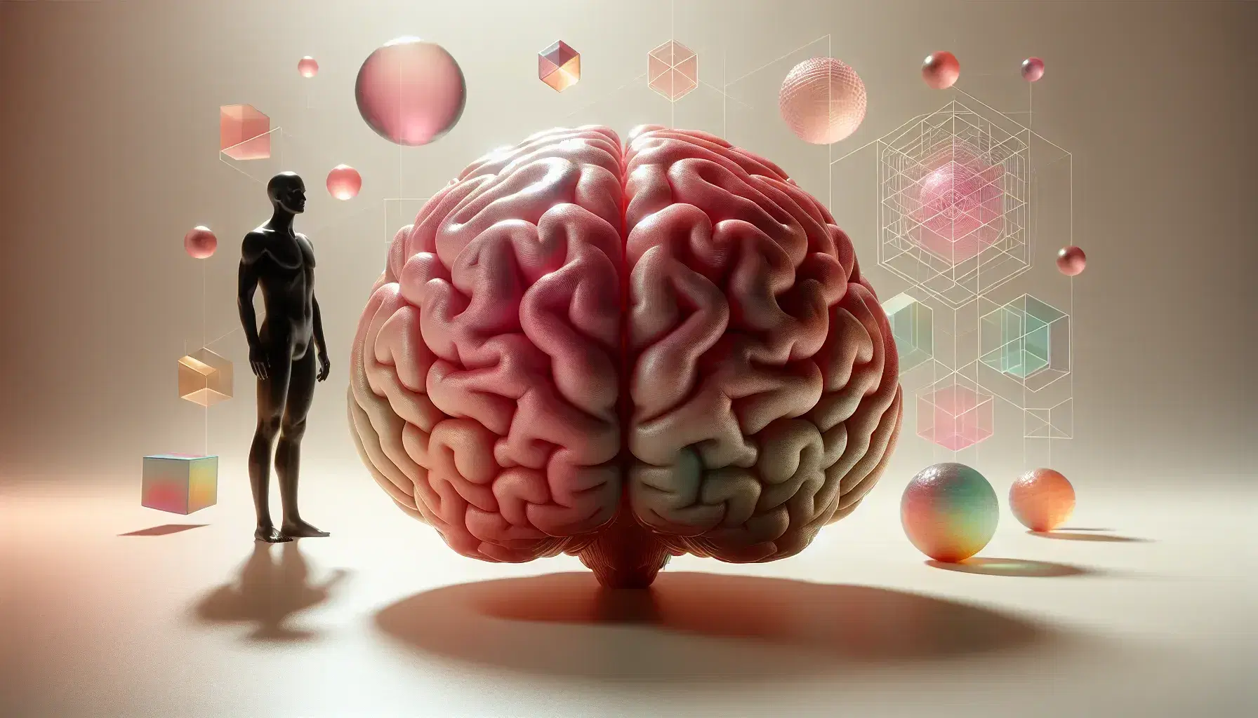 Cerebro humano en tonos rosados y rojizos con surcos definidos, silueta negra observándolo y formas geométricas translúcidas flotantes en colores suaves.