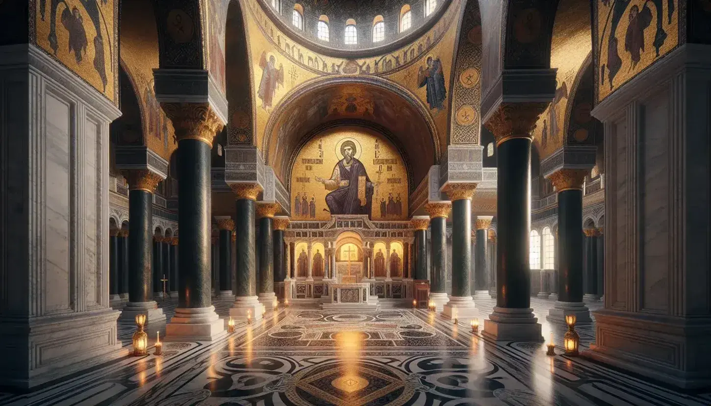 Majestic interior of a Byzantine church with golden altar, mosaics of sacred figures on a gold background, marble columns and oil lamps.