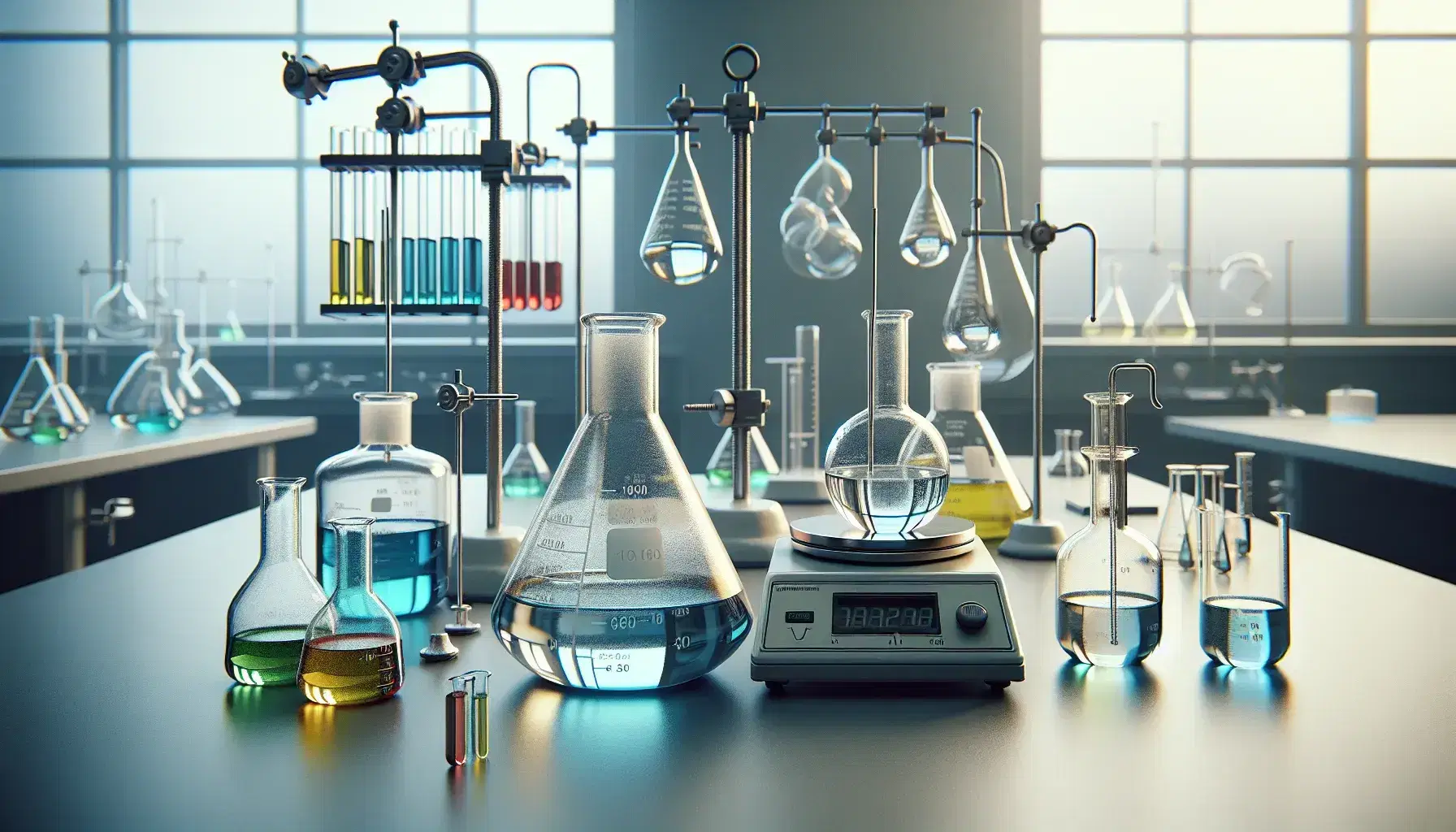 Laboratorio químico con matraces Erlenmeyer de líquidos coloridos, tubo de ensayo con sustancia verde, condensador de reflujo y balanza analítica.