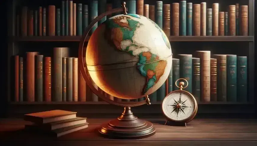Globo terráqueo iluminado sobre soporte de madera con continentes en verde y marrón, océanos en azul, junto a brújula antigua y estantería con libros variados.