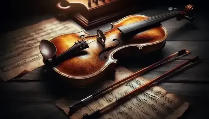 Violino barocco antico su tavolo in legno scuro accanto ad un arco, con sfondo di leggìo e spartito aperto.