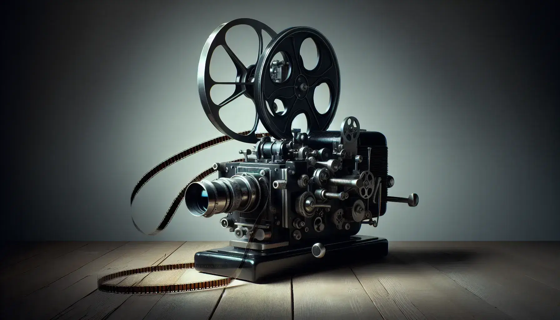 Vintage 1930s film projector on a wooden table with a reel of film threaded through, against a plain light-colored wall.
