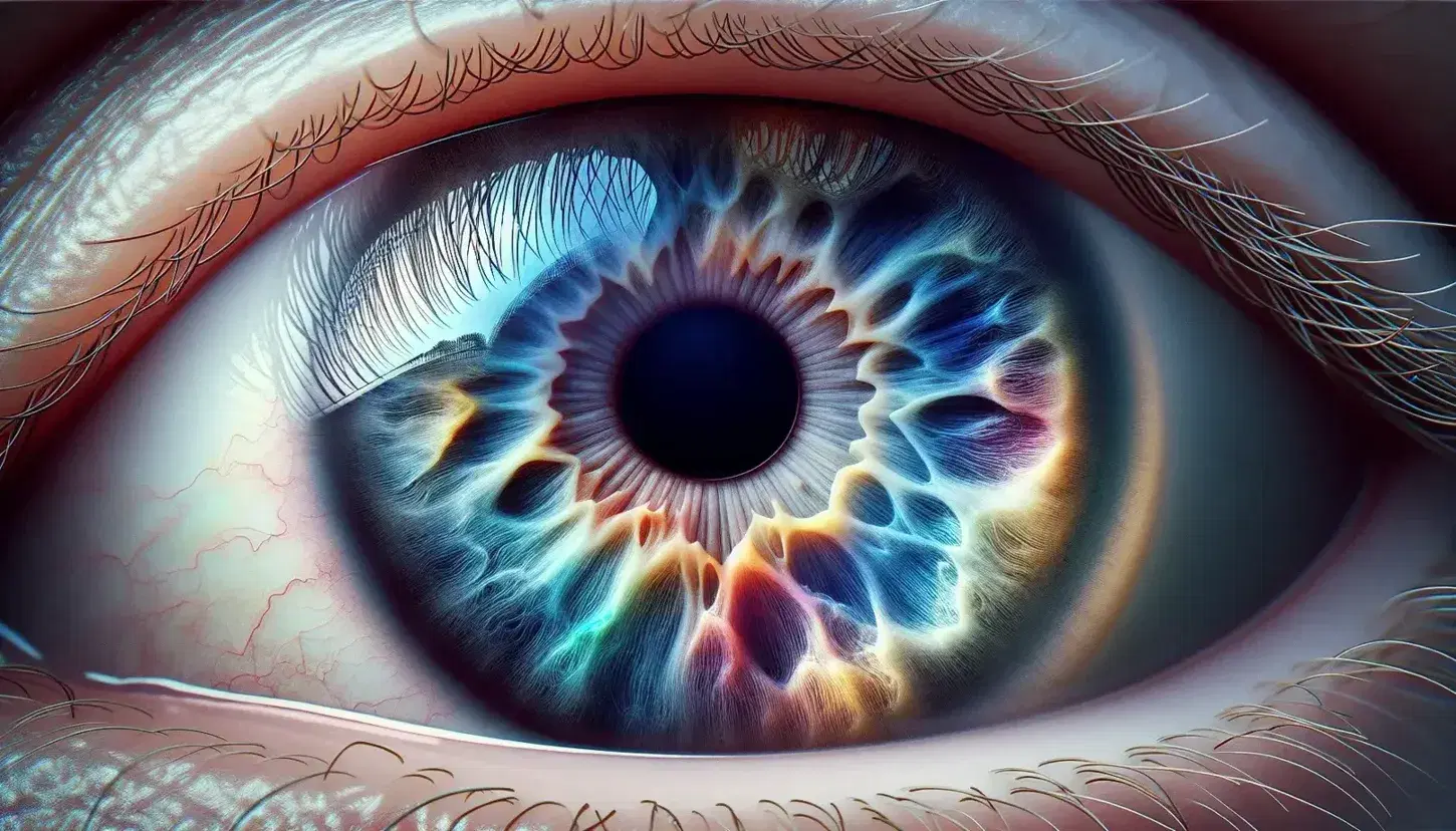 Ojo humano en primer plano con iris azul intenso y pupila dilatada, reflejando un espectro de colores sin formas definidas y rodeado de pestañas curvas.