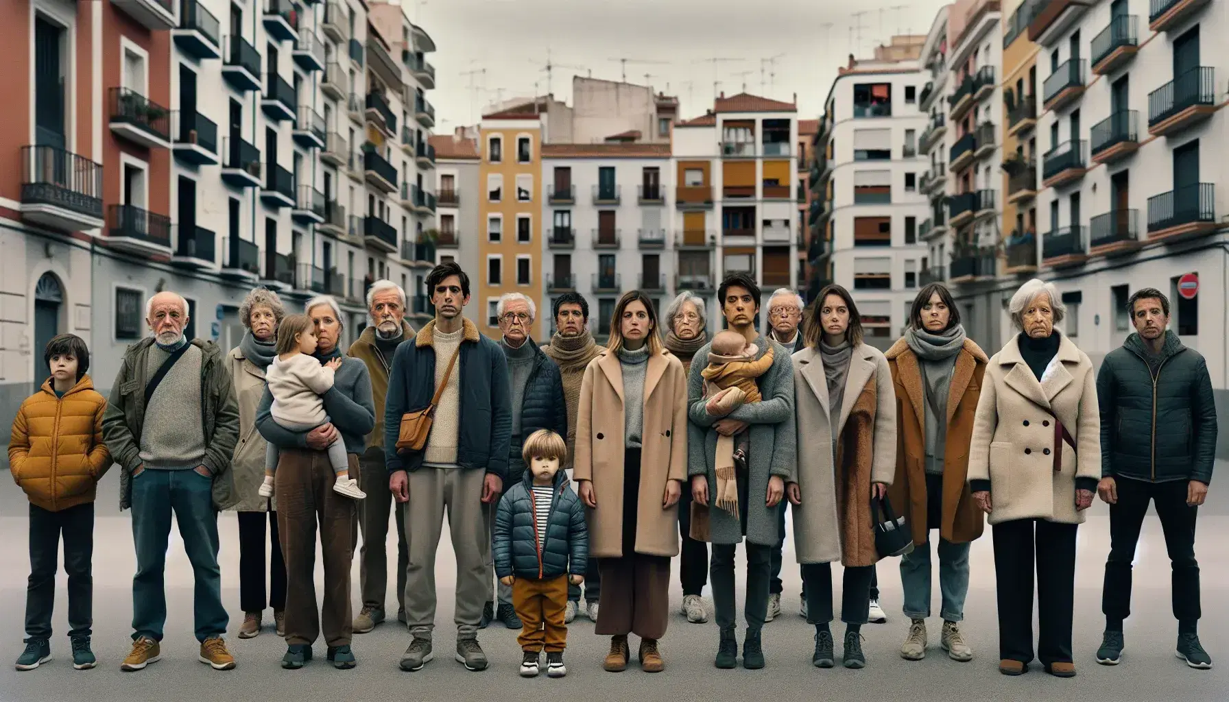 Diverse group of people with varied attire standing together in a European city, with blurred historic buildings in the background on an overcast day.