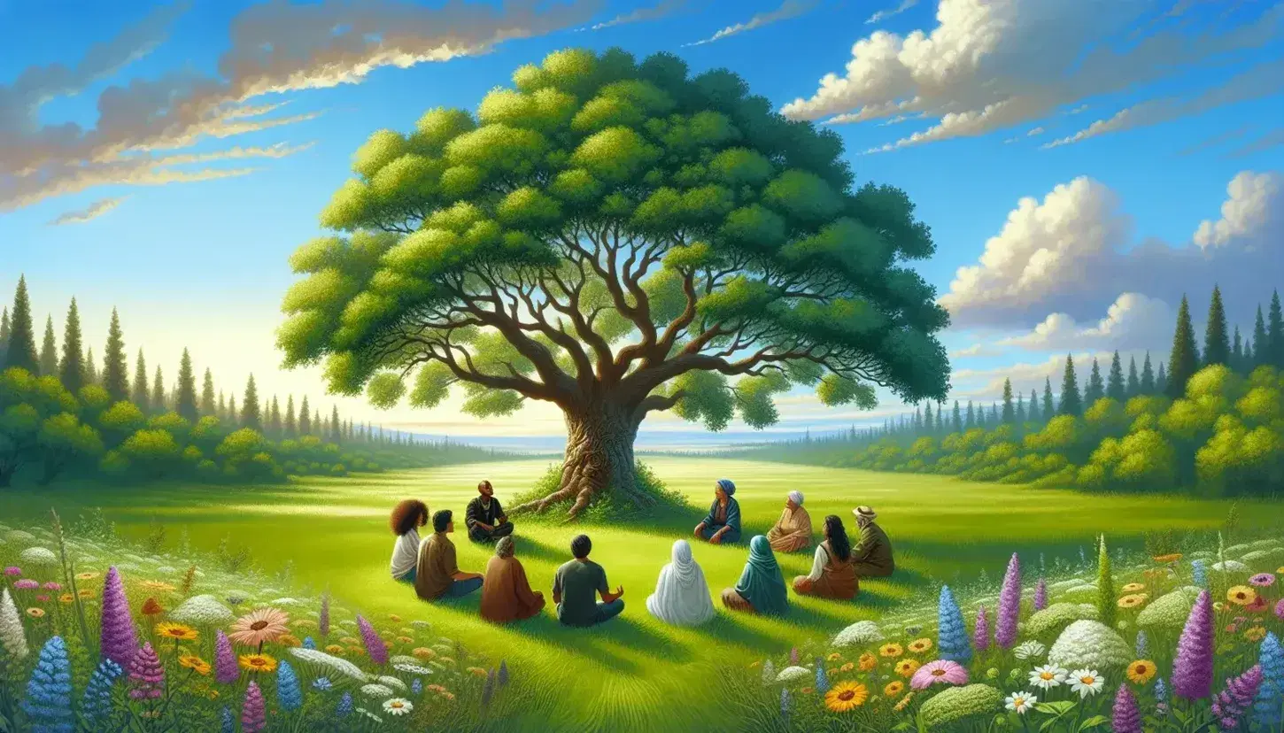 A large lush tree dominates a green meadow where a multi-ethnic group converses peacefully, surrounded by a blue sky and wild flowers.