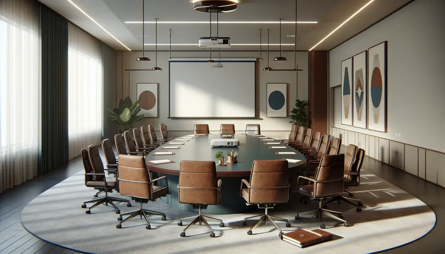 Sala de reuniones espaciosa con mesa ovalada de madera oscura, sillas azules, portafolios de cuero, pantalla blanca y planta verde.