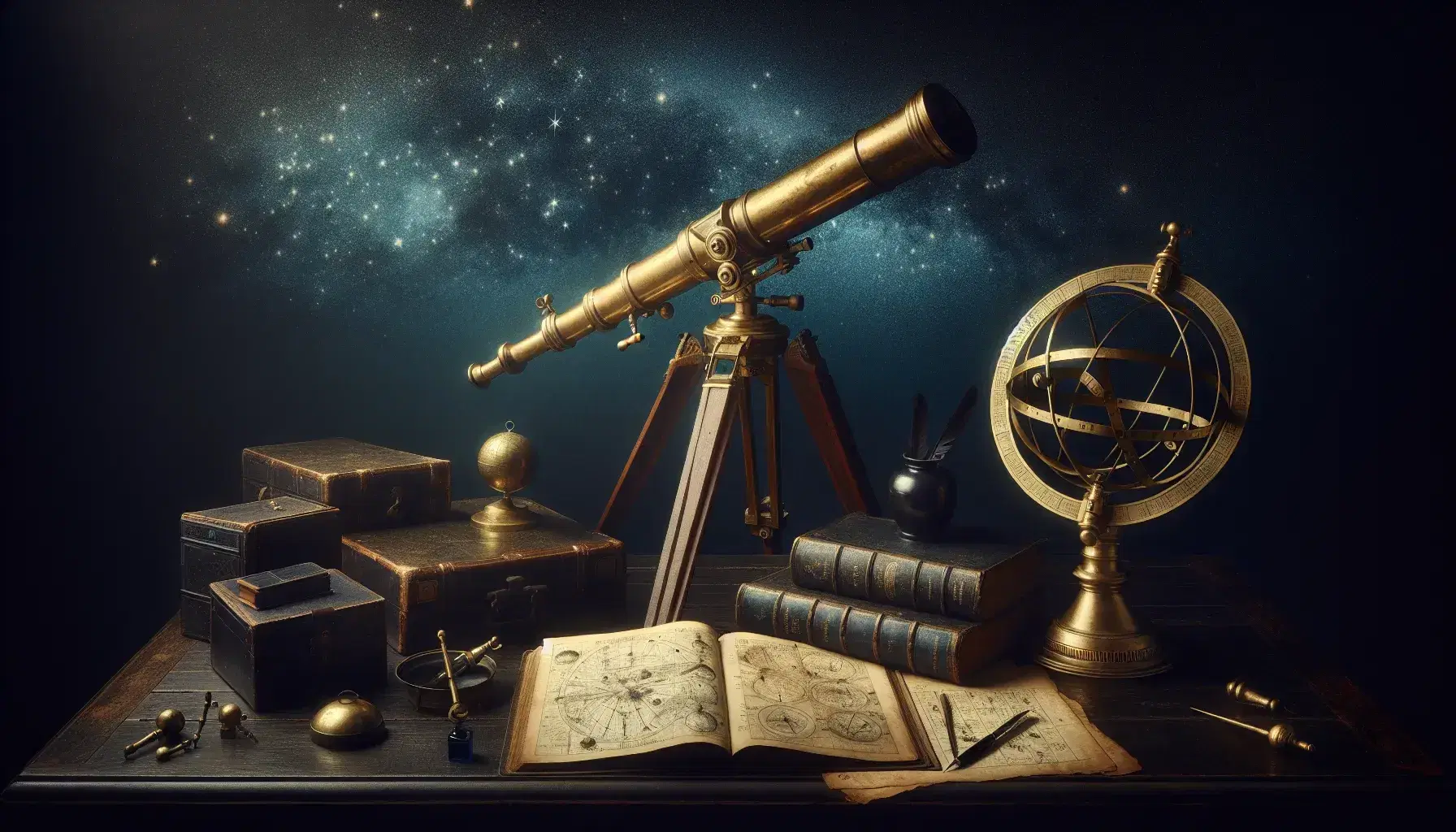 Telescopio antico in ottone su treppiede di legno mira il cielo stellato senza nuvole, accanto a libri antichi, sfera armillare e strumenti di scrittura su tavolo.